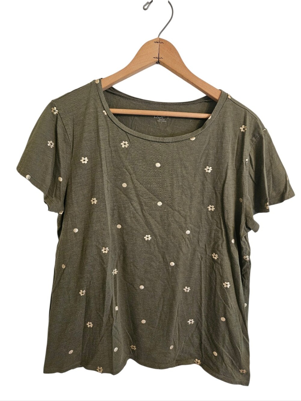 Loft Olive Cotton Short Sleeve Scoop Neck Tee Gold Metalic Floral Dot Print Sz L